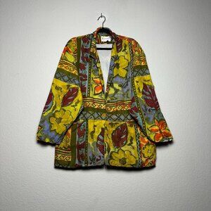 Adolfo Royalty Collection Linen Blazer Women L Floral Beach Summer Multicolored